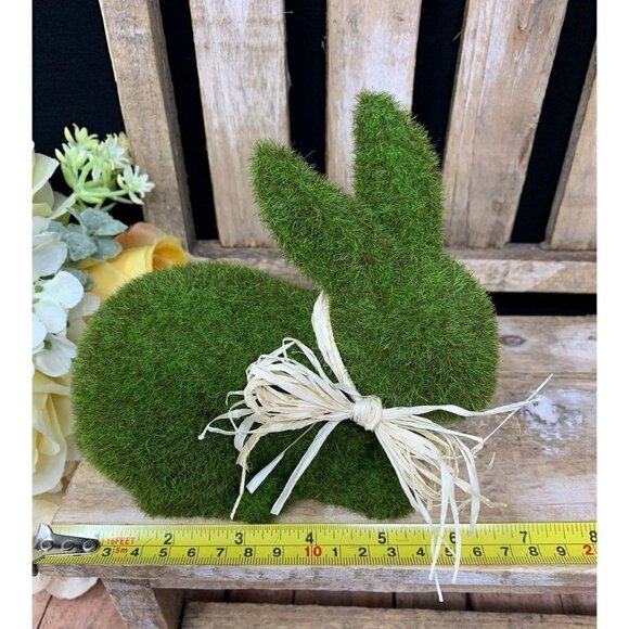 Easter Bunny Rabbit Lot Moss Flocked Covered Green Figurines Raffia Bow Set Farm - Picture 7 of 8